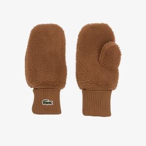 Lacoste Authentic Women's Ribbed Cuff Sherpa Mittens, Size M/L, Brown-NWT$75